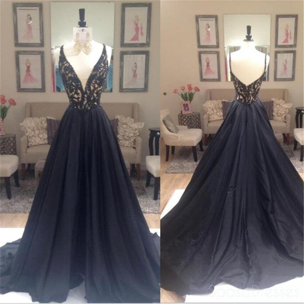Negro alinean vestidos de la fiesta de promoción del cuello de pico profundos elegantes, vestidos de noche de la tarde largos negros, 0198 LIBRAS