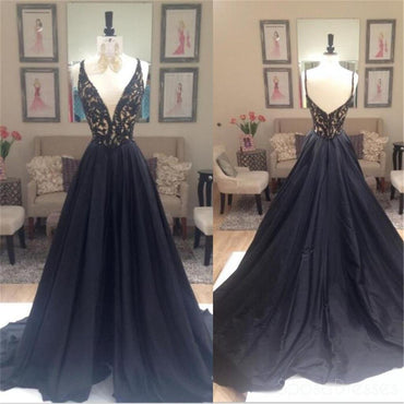 Negro alinean vestidos de la fiesta de promoción del cuello de pico profundos elegantes, vestidos de noche de la tarde largos negros, 0198 LIBRAS