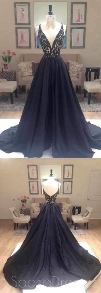 Negro alinean vestidos de la fiesta de promoción del cuello de pico profundos elegantes, vestidos de noche de la tarde largos negros, 0198 LIBRAS