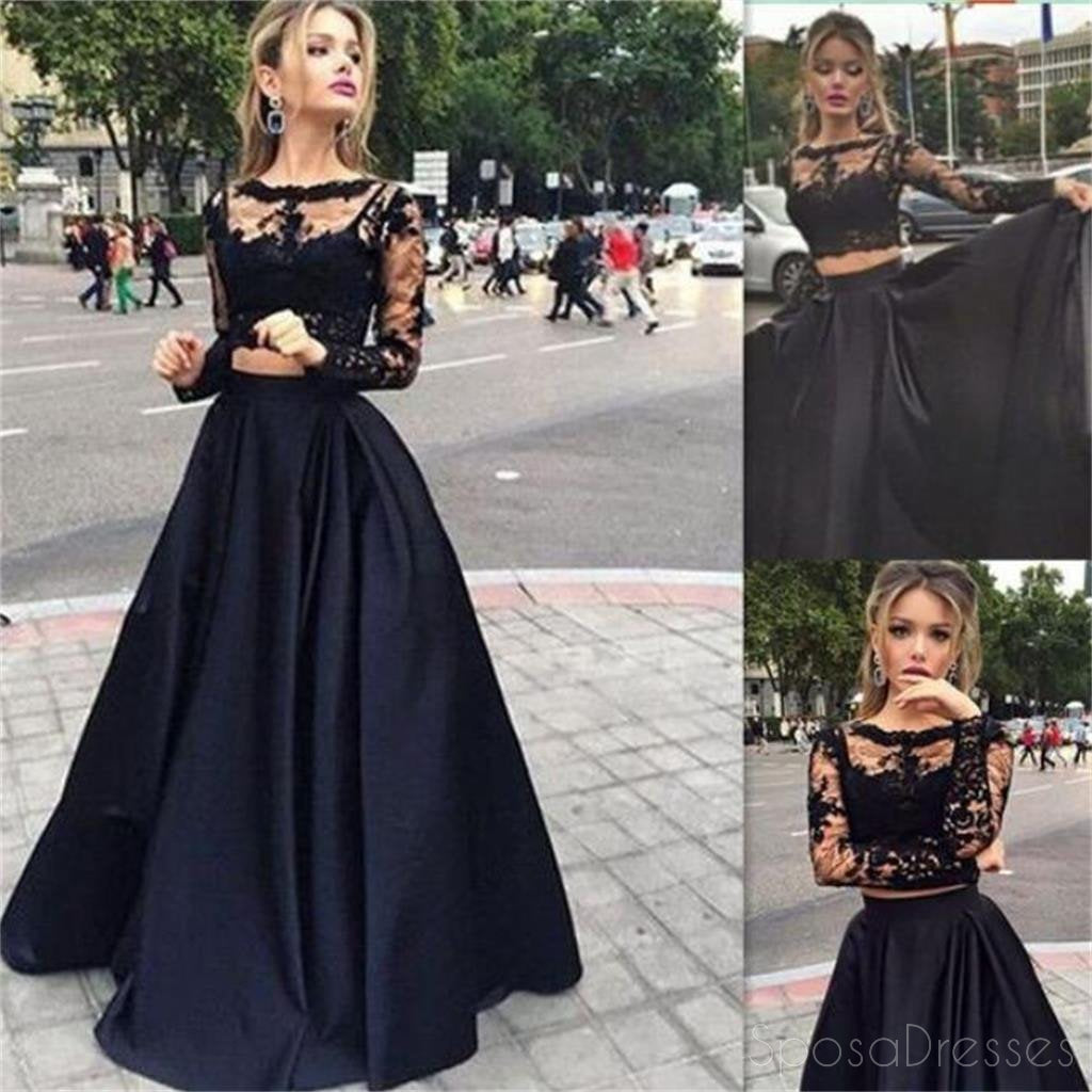 Vestido de fiesta largo, vestido de fiesta negro, vestido de fiesta con encaje, vestido de fiesta elegante de manga larga, PD0045