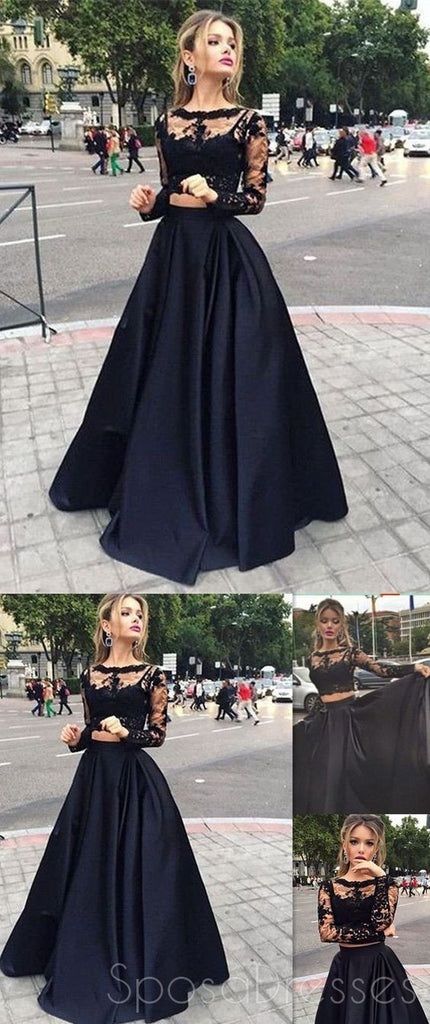 Vestido de fiesta largo, vestido de fiesta negro, vestido de fiesta con encaje, vestido de fiesta elegante de manga larga, PD0045