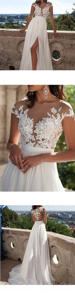 Vestido de fiesta de encaje blanco de una línea larga con apliques, vestido de fiesta de boda sexy con abertura lateral, WD0124