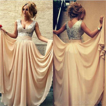 Long Silver Sequin Scoop Neckline Chiffon Prom Bridesmaid Dresses, PD0080