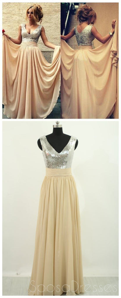 2017 largo plata lentejuelas Scoop escote gasa Prom vestidos de dama de honor, PD0080