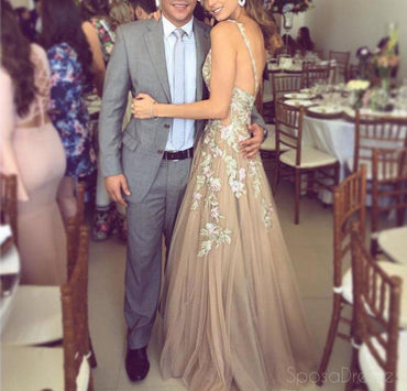 V Neck Spaghetti Straps Tulle A-line Cheap Prom Dresses Online, PD0130