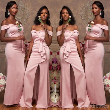 Pink Mermaid Off Shoulder Side Slit Cheap Long Bridesmaid Dresses Online,WG1170
