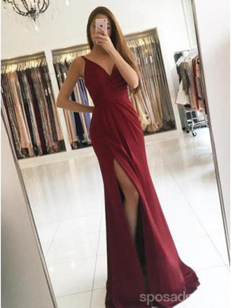 Simple Mermaid Burgundy Side Slit Spaghetti Straps Cheap Long Prom Dresses Online,12583
