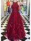 Halter encaje rojo volante largo vestidos de fiesta de noche, barato personalizado fiesta vestidos de fiesta, 18597