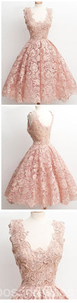 Melocotón de Encaje Escote redondo Corto Lindo de regreso a casa vestidos de fiesta, vestidos CM0009