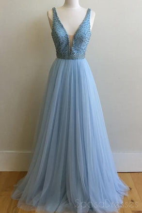 Light Blue V Neck Beaded A-line Long Evening Prom Dresses, 17642