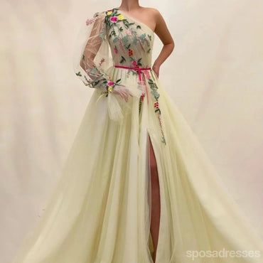 Unique A-line One Shoulder Long Sleeves Cheap Prom Dresses Online,12802