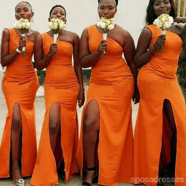 Orange Mermaid One Shoulder Side Slit Long Bridesmaid Dresses,WG1214