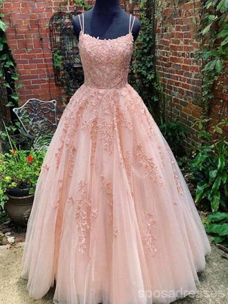 Peach Lace A-line Spaghetti Straps Cheap Long Prom Dresses Online,12807