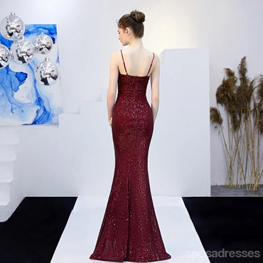 Sexy Burgundy Mermaid Spaghetti Straps V-neck High Slit Long Prom Dresses,12962