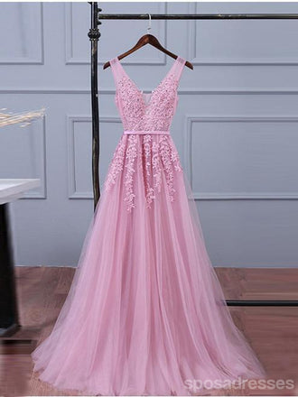 V Neckline Pink Lace Evening Prom Dresses, Popular Lace Party Prom Dresses, 17190