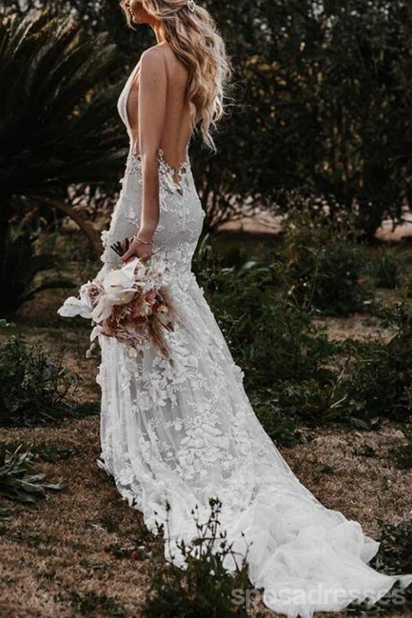 Sexy Backless V neck Handmade Flower Mermaid Wedding Dresses,WD732