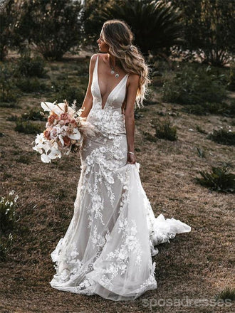 Sexy Backless V neck Handmade Flower Mermaid Wedding Dresses,WD732