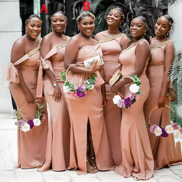 Pink Mermaid One Shoulder Side Slit Cheap Long Bridesmaid Dresses,WG1224