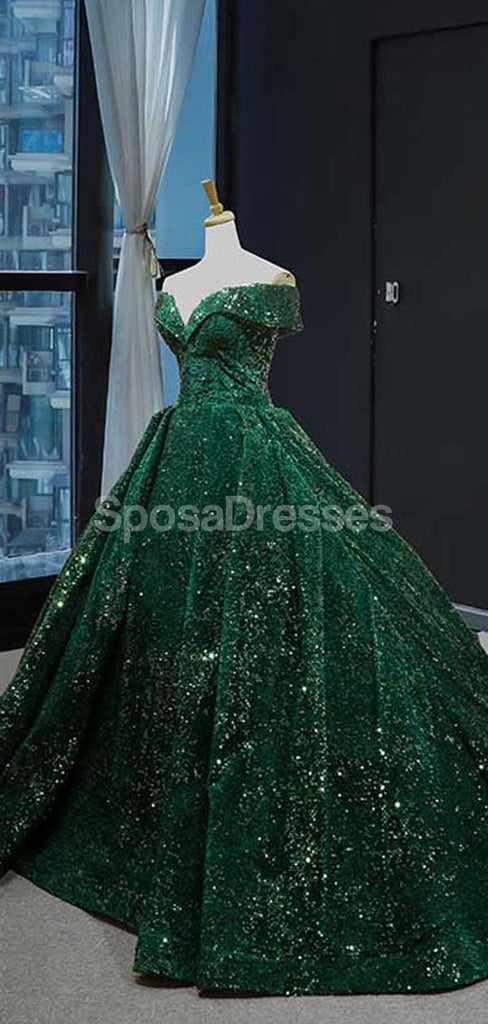Off Shoulder Esmeralda Verde Lentejuelas vestidos de fiesta de noche larga, vestidos de fiesta de la noche, 12234