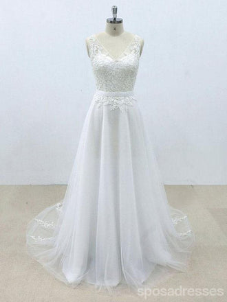 Simple V Neck Tulle Skirt Lace A-line Wedding Dresses Online, WD394