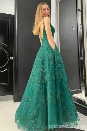 Emerald Green A-line Spaghetti Straps V-neck Cheap Long Prom Dresses,12857