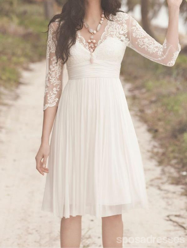 Vestidos de novia de playa cortos de encaje de manga larga baratos, WD330