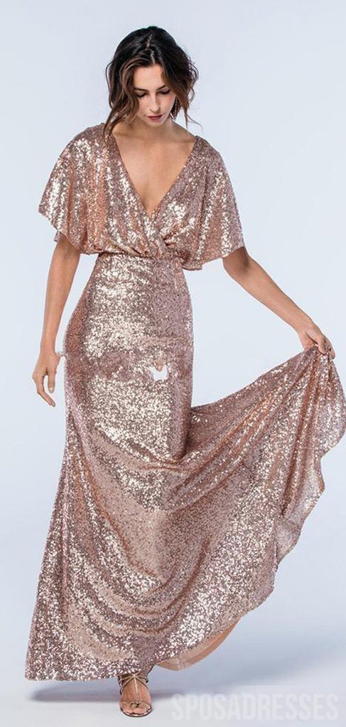 Simple Sheath Half Sleeves V Neck Long Bridesmaid Dresses Online, WG890