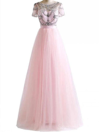 A-line Round Neck Short Sleeves Long Prom Dresses, Sweet 16 Prom Dresses, 12468