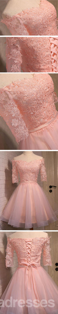 De hombro de manga corta de encaje rosa lindo regreso a casa vestidos de baile, vestidos de fiesta cortos asequibles, vestidos de fiesta perfectos, CM306