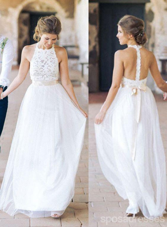 Cuello alto de Encaje Blanco Largo de la Vaina del Diseño Simple de la Boda Vestidos de Fiesta, WD0089