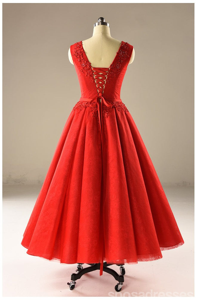 Red A line Tulle Wedding Dresses,  2017 Corset back Tea Length Custom Wedding Gowns, Affordable Bridal Dresses, 18002