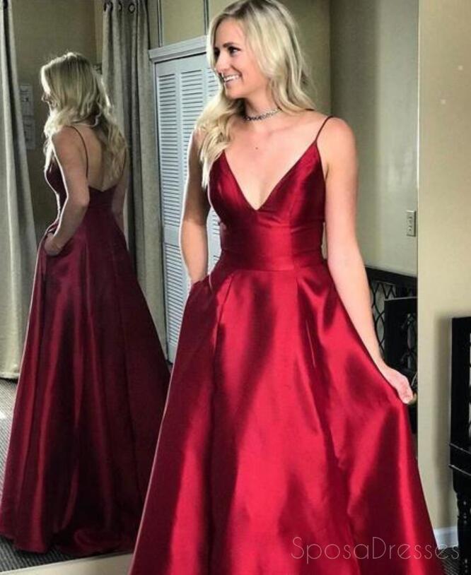 Simple Red Spaghetti Straps Long Evening Prom Dresses, Cheap Party Custom Prom Dresses, 18632