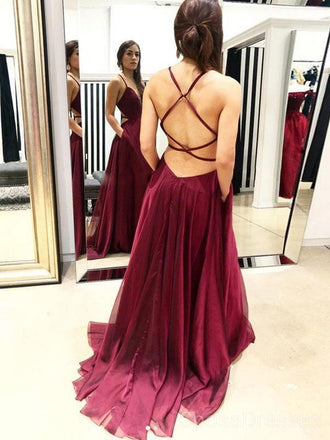 Sexy Backless V Neck Maroon Long Evening Prom Dresses, Cheap Custom Sweet 16 Dresses, 18454