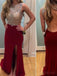 Vestidos de fiesta de corte lateral sin espalda sexy en color burdeos en línea, Vestidos para fiesta de graduación, PD0027