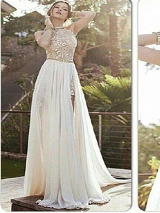 Vestidos de fiesta de gasa larga sin espalda de encaje sexy, vestidos de fiesta de escote lateral con cuello halter y abertura alta, PD0018