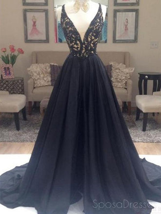 Negro alinean vestidos de la fiesta de promoción del cuello de pico profundos elegantes, vestidos de noche de la tarde largos negros, 0198 LIBRAS