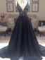 Black A-line Elegant Deep V-Neck Prom Dresses, Black Long Evening Party Dresses, PD0198