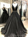 V-neck Black Lace Beaded A-line Long Evening Prom Dresses, Cheap Custom Sweet 16 Dresses, 18553