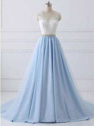 V Neck Lace Straps A line Blue Skirt Long Evening Prom Dresses, 17554