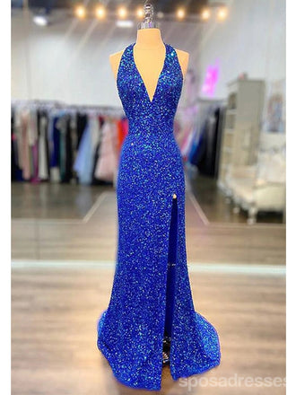 Sexy Blue Mermaid Halter Deep V-neck Long Prom Dresses Online,13062