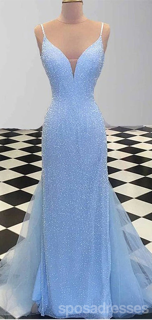 Sparkly Blue Mermaid Spaghetti Straps V-neck Cheap Long Prom Dresses,12886