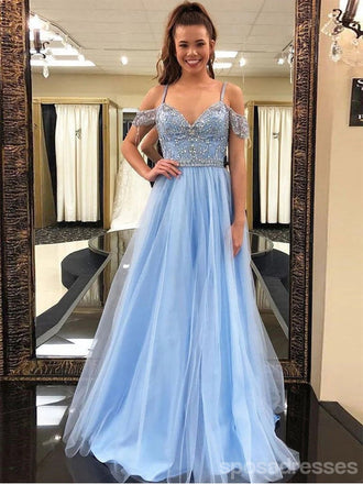 Gorgeous Blue A-line Cold Shoulder Maxi Long Prom Dresses,Evening Dresses,13111