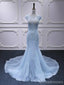 Blue Mermaid Cap Sleeves Beading Long Lace Applique Party Prom Dresses Online,12559