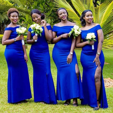 Sexy Blue Mermaid Off Shoulder Side Slit Long Bridesmaid Dresses,WG1236