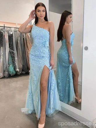 Sexy Blue Sheath One Shoulder High Slit Long Prom Dresses Online,12674
