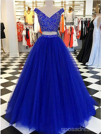 Two Pieces Blue A-line Off Shoulder V-neck Cheap Long Prom Dresses Online,12595