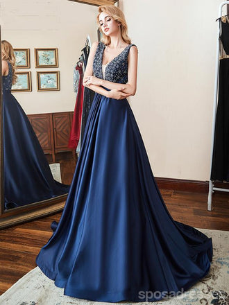 Sexy Blue A-line Straps V-neck Backless Cheap Long Party Prom Dresses Online,12554