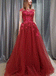 Cap Sleeve Lace Illusion Red Tulle A-line Vestidos de noche largos de baile, 17641