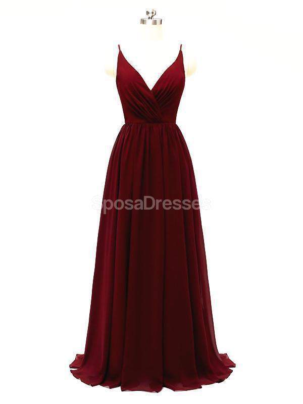 Dark Red Spaghetti correas Chiffon Open back back barato Bridesmaid vestidos en línea, WG584