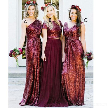 Vestidos de dama de honor largos personalizados de lentejuelas rojo oscuro mal combinados, WG235